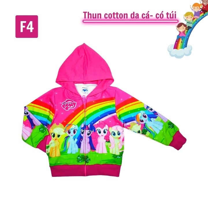 Áo khoác bé gái hình ngựa Pony cầu vồng từ 11-43kg - Chất liệu thun cotton da cá in 3D