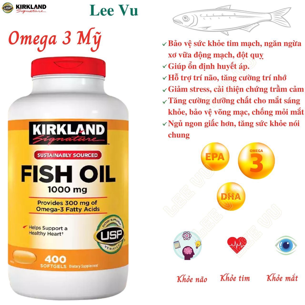 Omega 3 Mỹ Kirkland Signature Fish Oil 1000mg Hỗ trợ sức khỏe não bộ, hệ thần kinh, Tim mạch, Khớp, Bổ mắt, Làm đẹp da và Tăng sức khỏe tổng thể