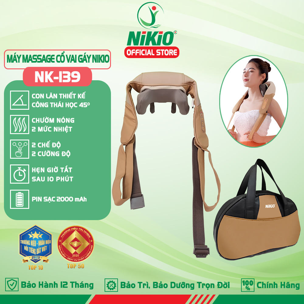 Máy massage cổ vai gáy Nikio NK-139 - Pin sạc, matxa xoa bóp day ấn kết hợp nhiệt nóng, dòng cao cấp. Có túi xách
