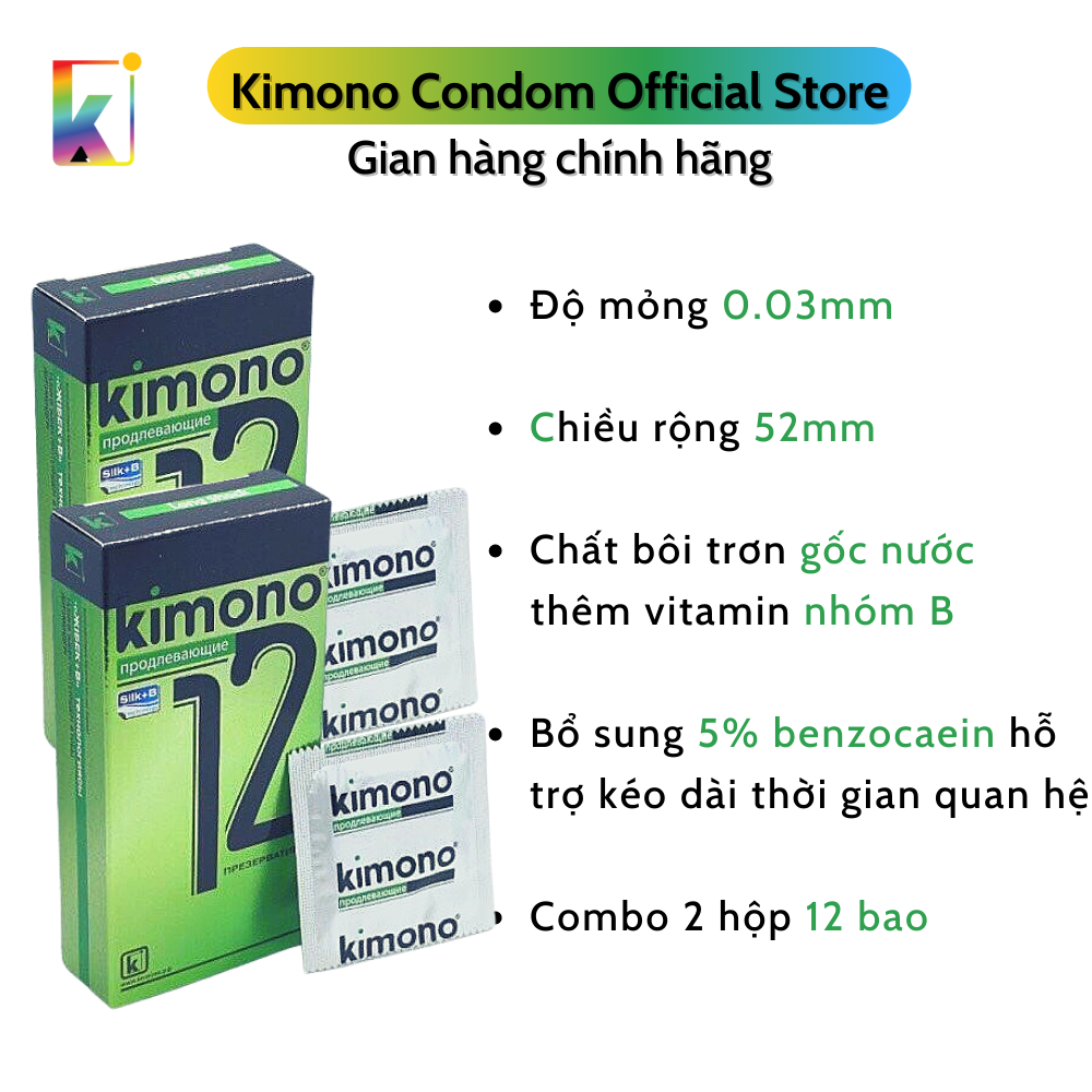 Combo 2 hộp Bao cao su Kimono Green Siêu mỏng 0.03mm - Kéo dài thời gian - Loại 12 bao/hộp