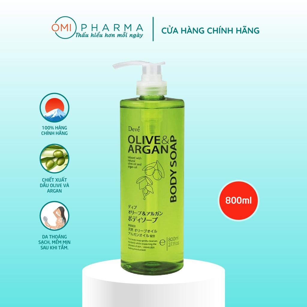 Sữa Tắm Deve Body Soap Chiết Xuất Dầu Olive &amp; Argan Dưỡng Sáng, Làm Mềm Da  (800ml)