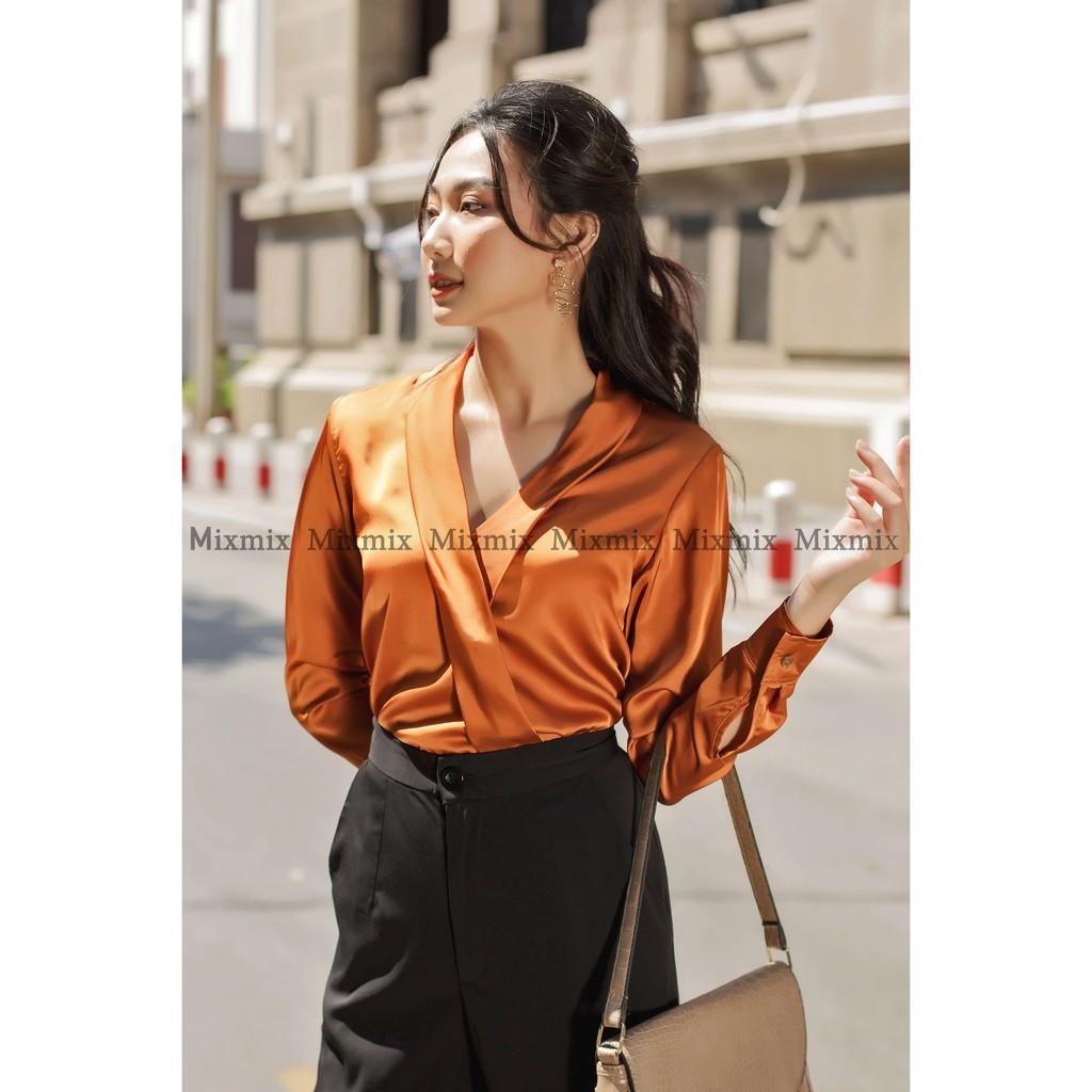 Sơ Mi Lụa Cổ V Sophia Trơn Quý Phái Màu Bò - MixMix- Hàng Thiết Kế - Hình Chụp Thật