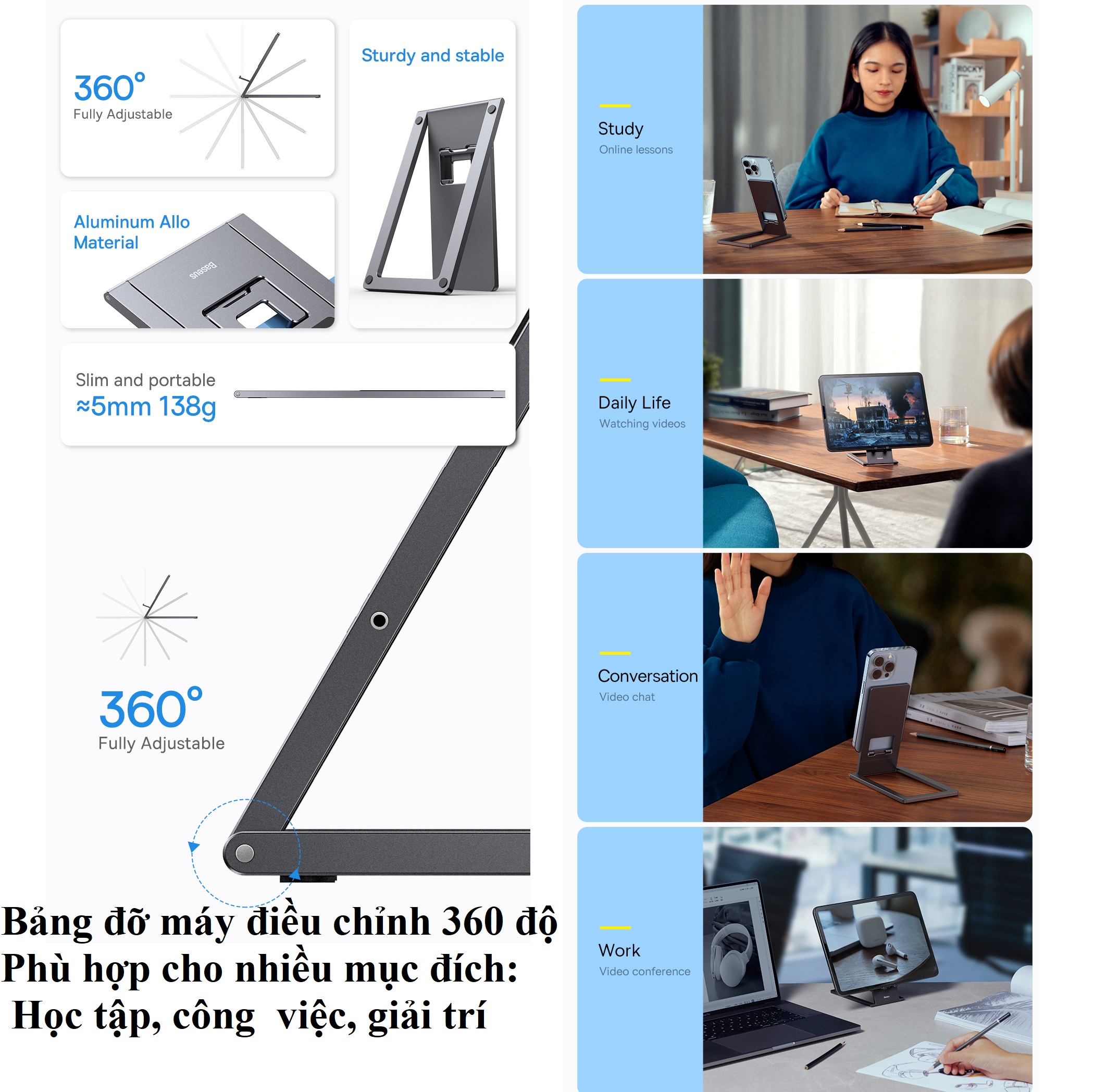 Giá đỡ máy tính bảng điện thoại để bàn hợp kim nhôm siêu mỏng xếp gọn Baseus Foldable Metal _ hàng chính hãng