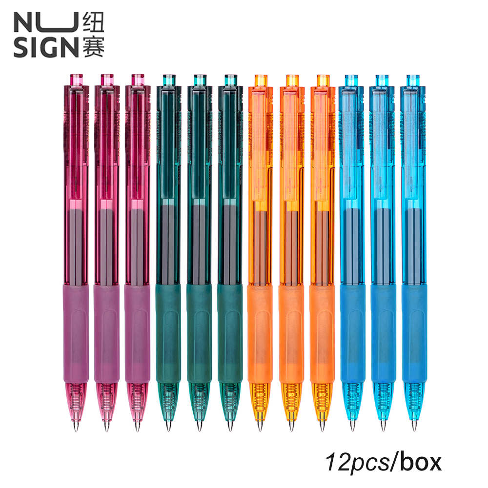 12Pcs/Box Nusign Neutral Gel Pen Black Ink 0.5mm Refill Press Type Signing Pen Transparent Colors Student Writing Pens Office School Supplies Stationary