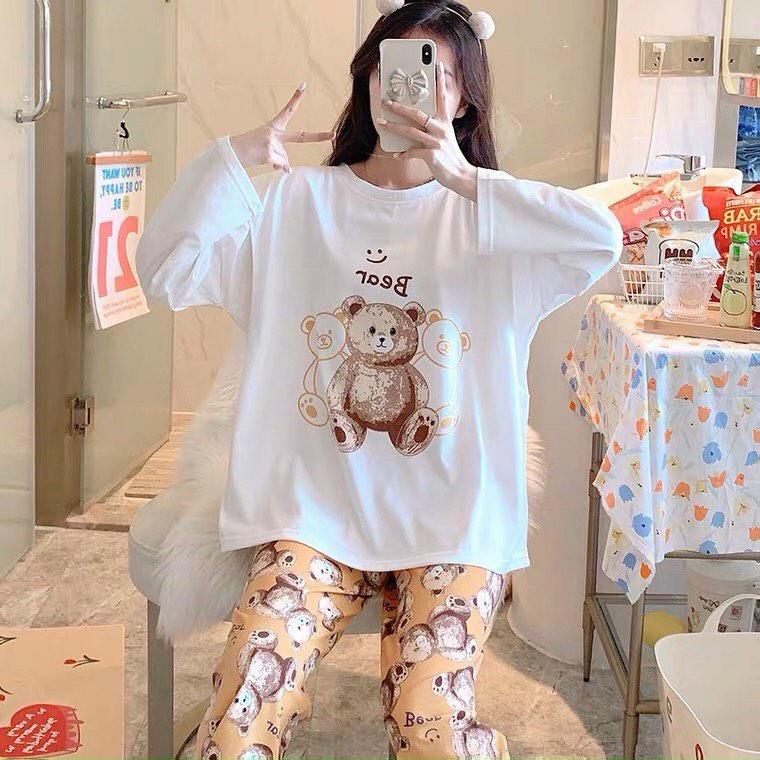 Set bộ đồ dành cho nữ, in hình gấu dễ thương, áo dài tay quần dài chất thun cotton mềm mại mát mẻ