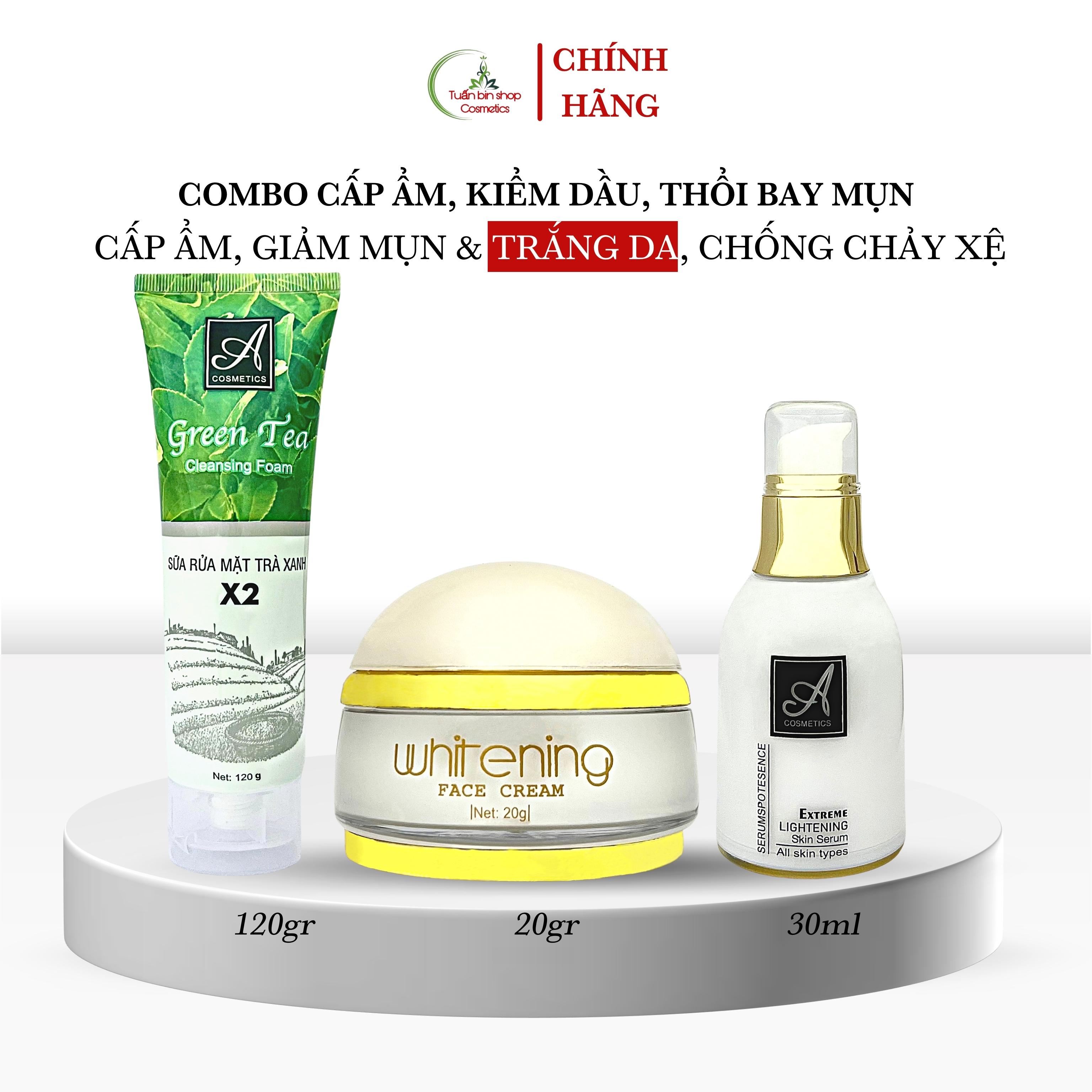 Combo cấp ẩm, dưỡng trắng da mặt, kiềm dầu Acosmetics, kem face pháp, serum cấp ẩm esence, sữa rửa mặt trà xanh x2 170g