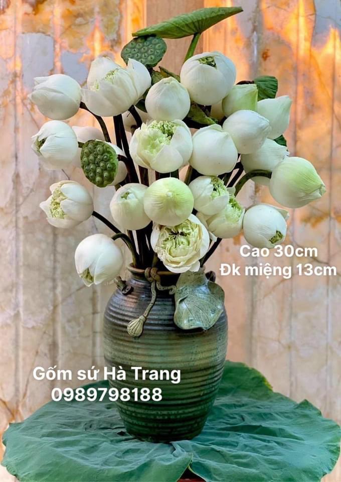 Lọ hoa gốm sứ Bát Tràng cao cấp đắp nặn thủ công cao 30cm
