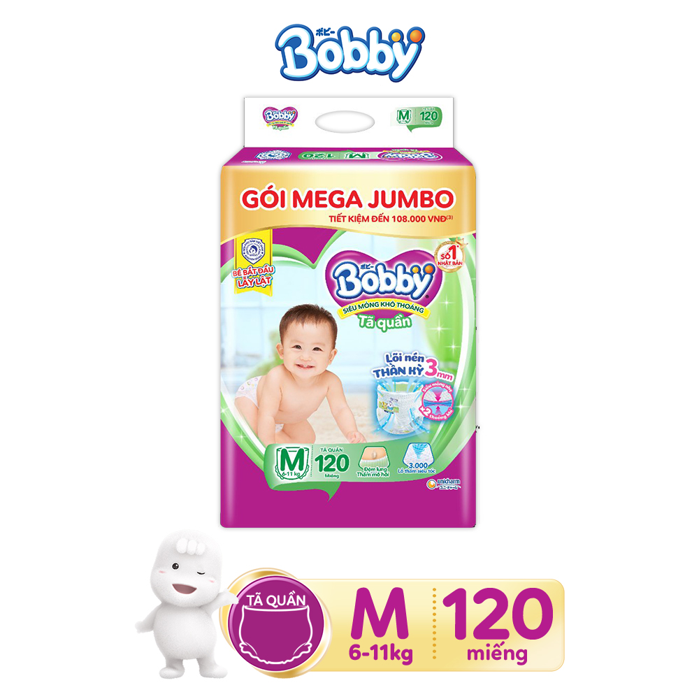 Combo Tã quần Bobby bịch Mega Jumbo + Super Jumbo đủ size M186/L174/XL144/XXL132 tặng 1 tã dán cao cấp Extra Soft Dry XL27