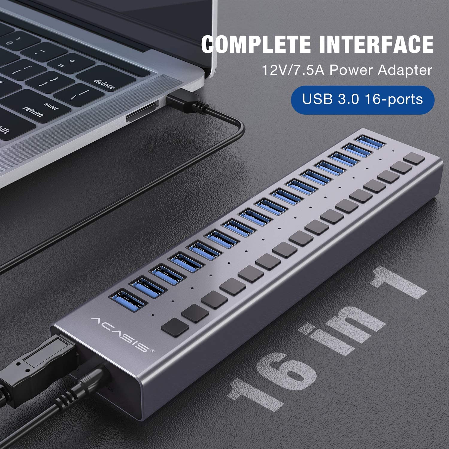 Bộ Chia USB 3.0 16 Cổng ACASIS - Nguồn 12V 7.5A - HUB USB 16 Port - Hàng Nhập Khẩu