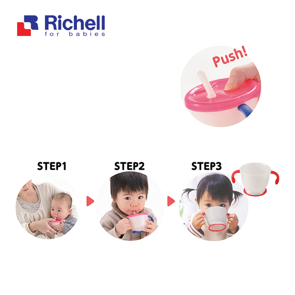 Cốc tập uống 3 giai đoạn Richell + Tặng cọ rửa ống hút