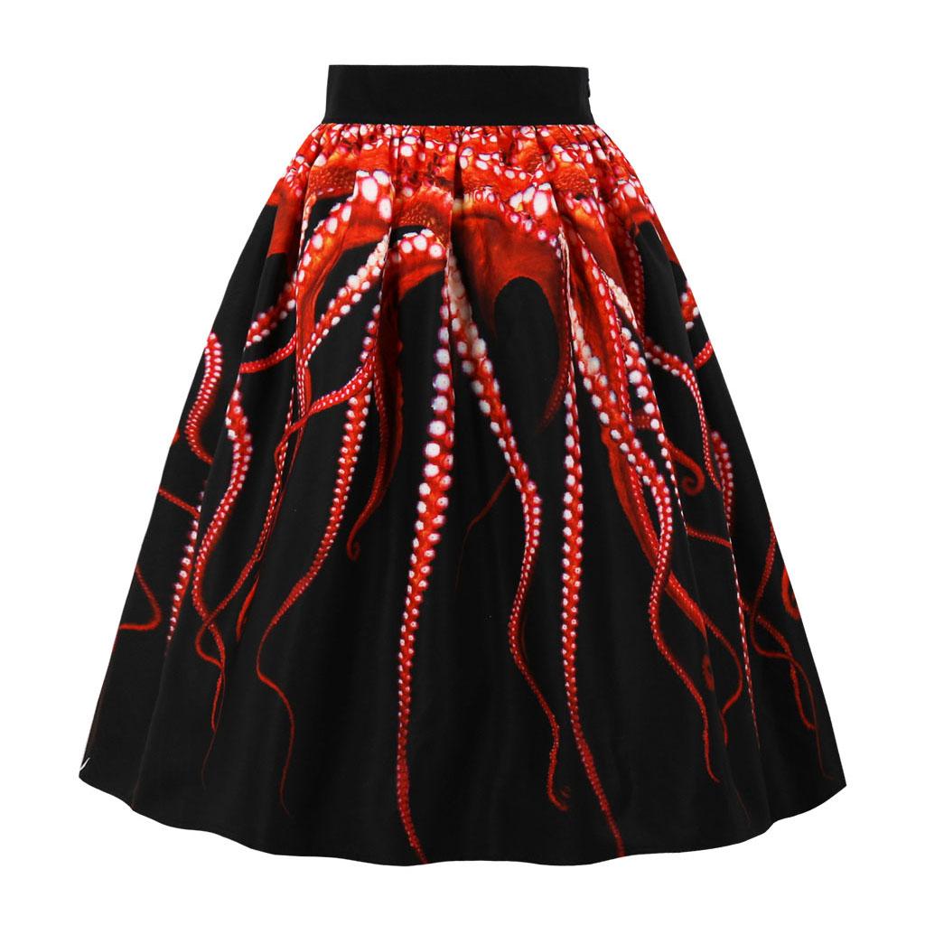 Women's Digital Print High Waisted Midi Party Skirt Vintage A-Line Pleated Skater Skirts