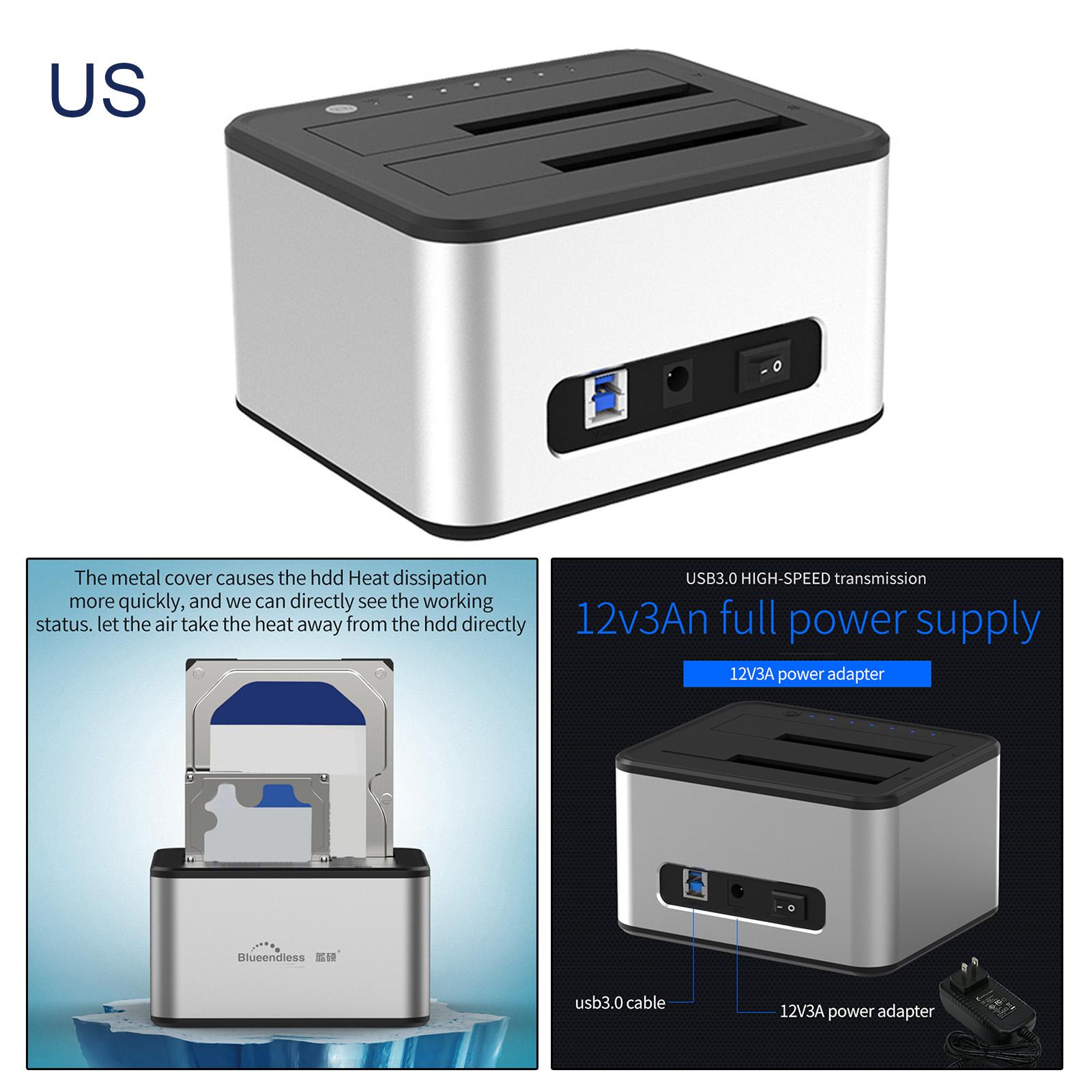 USB 3.0 Dual Bay External Hard Drive Docking Station Offline Clone US Plug