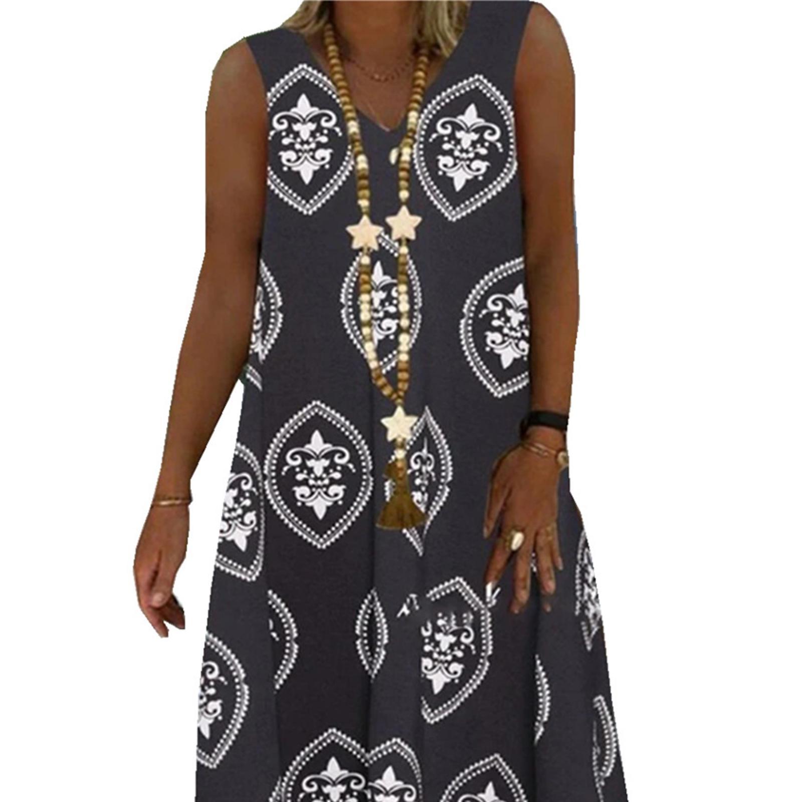 S-4XL Plus Size Vintage V-Neck Casual Summer Loose Sleeveless Mini Dress T-Shirt Dresses Swing Tank Dress Beach Wedding Vacation