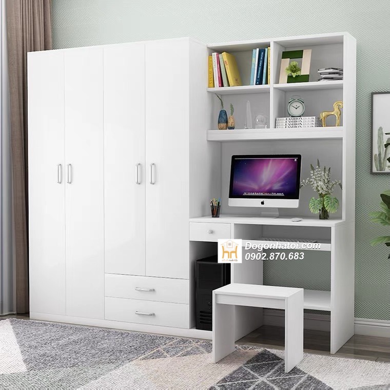 Mẫu tủ quần áo kết hợp bàn học đẹp TA214