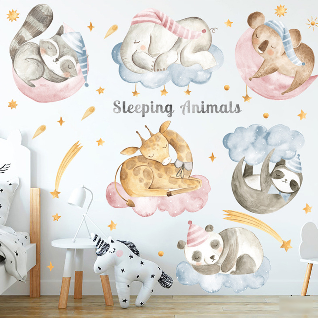 Decal dán tường trang trí phòng ngủ, lớp mầm non- Bầy thú ngồi mây- mã sp LV114