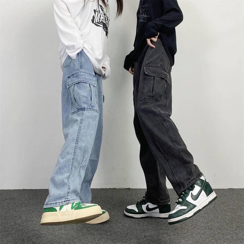 Quần kaki túi hộp Hiphop ống rộng xuông dài cargo pants trơn thời trang cho nữ/nam -hình thật