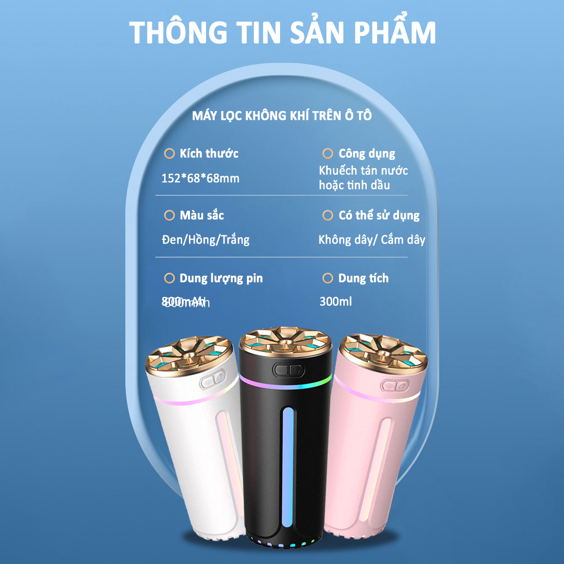 Máy tạo độ ẩm trên ô tô công nghệ AI, 6 lõi lọc và 2 chế độ phun - D1676