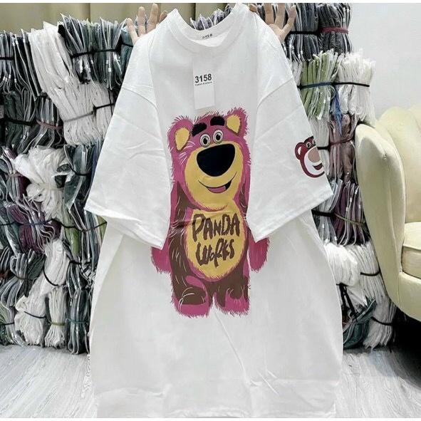 Áo phông nữ cổ tròn in hình gấu dâu freesize 3 màu lựa chọn HEFS001 Áo phông tay lỡ cotton khô 3158 Gấu Panta Wofks - Hồng