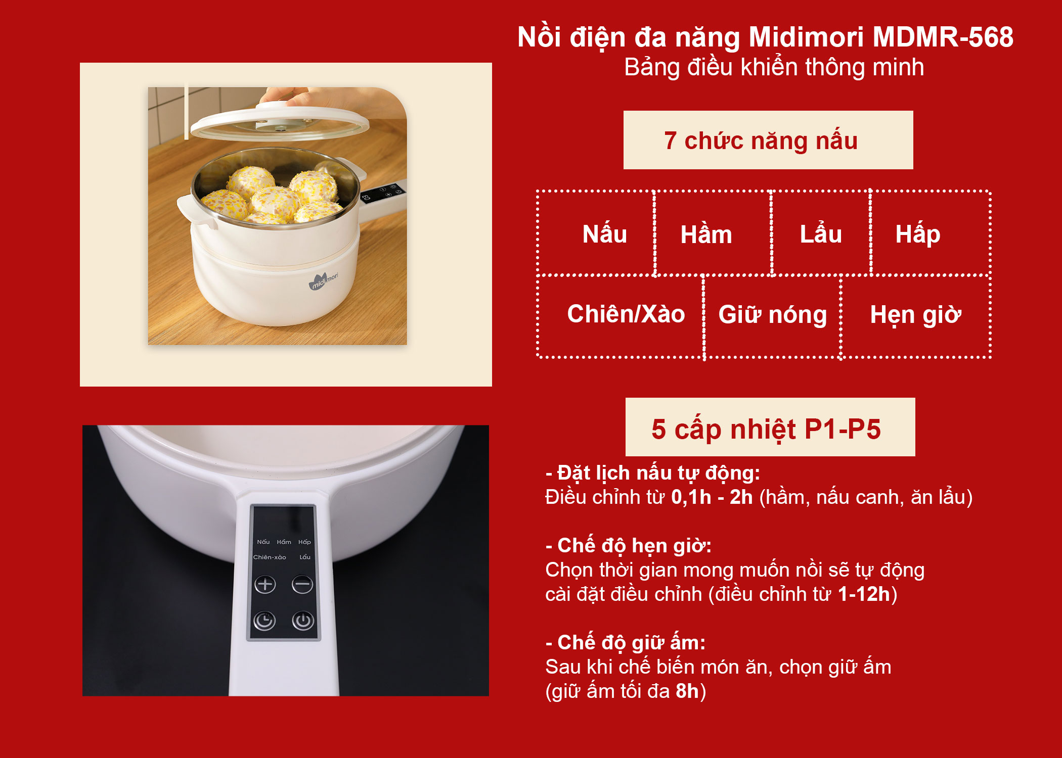 Nồi Lẩu Điện Đa Năng Mini Midimori MDMR-568 (750W) Kèm Xửng Hấp – Hàng Chính Hãng