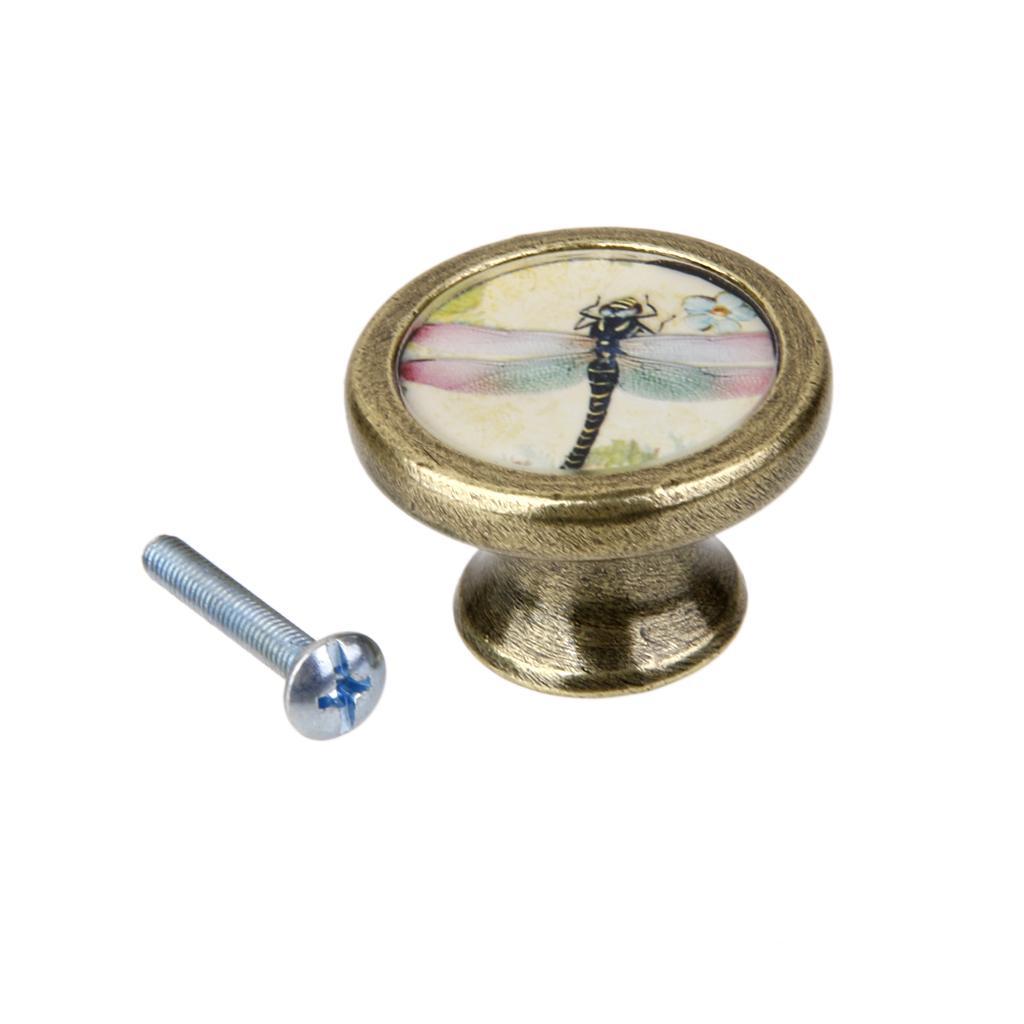 2x Retro Brass Door Knob Drawer Cabinet Cupboard Pulls Dragonfly+Butterfly