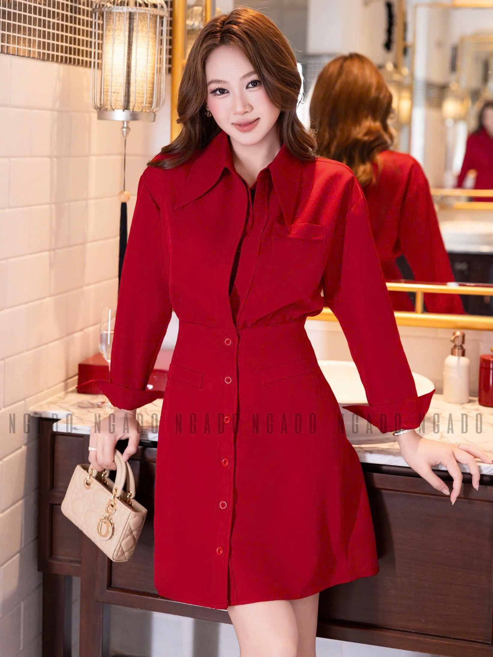 Đầm đỏ cổ sơ mi NGADO , đầm sơ mi , đầm dự tiệc , công sở
