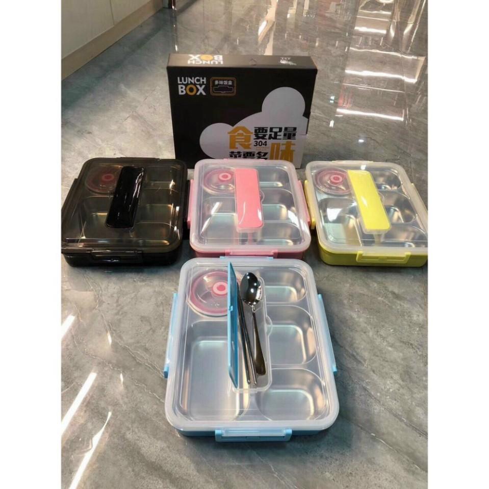 Khay Đựng Cơm Văn Phòng Inox 304 5 Ngăn Có Nắp Đậy - TẶNG Kèm Bộ Đũa Thìa Và Bát Sứ |