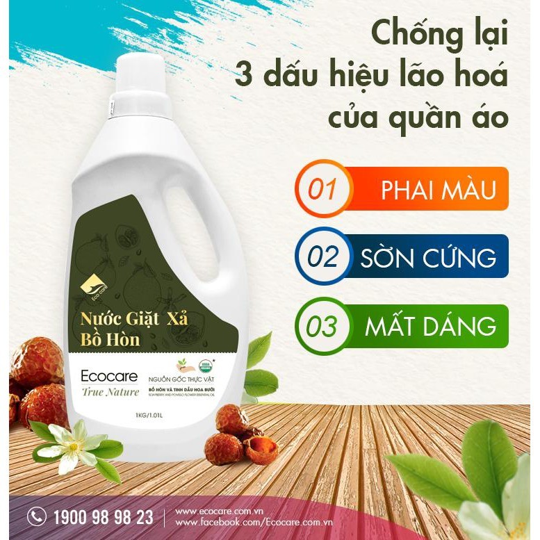 Nước Giặt Xả Hữu Cơ Bồ Hòn ECOCARE Tinh Dầu Hoa Bưởi 1L-2L-4L, Diệt Vi Khuẩn, Dịu Nhẹ Với Mọi Làn Da, Hương Thơm Mát