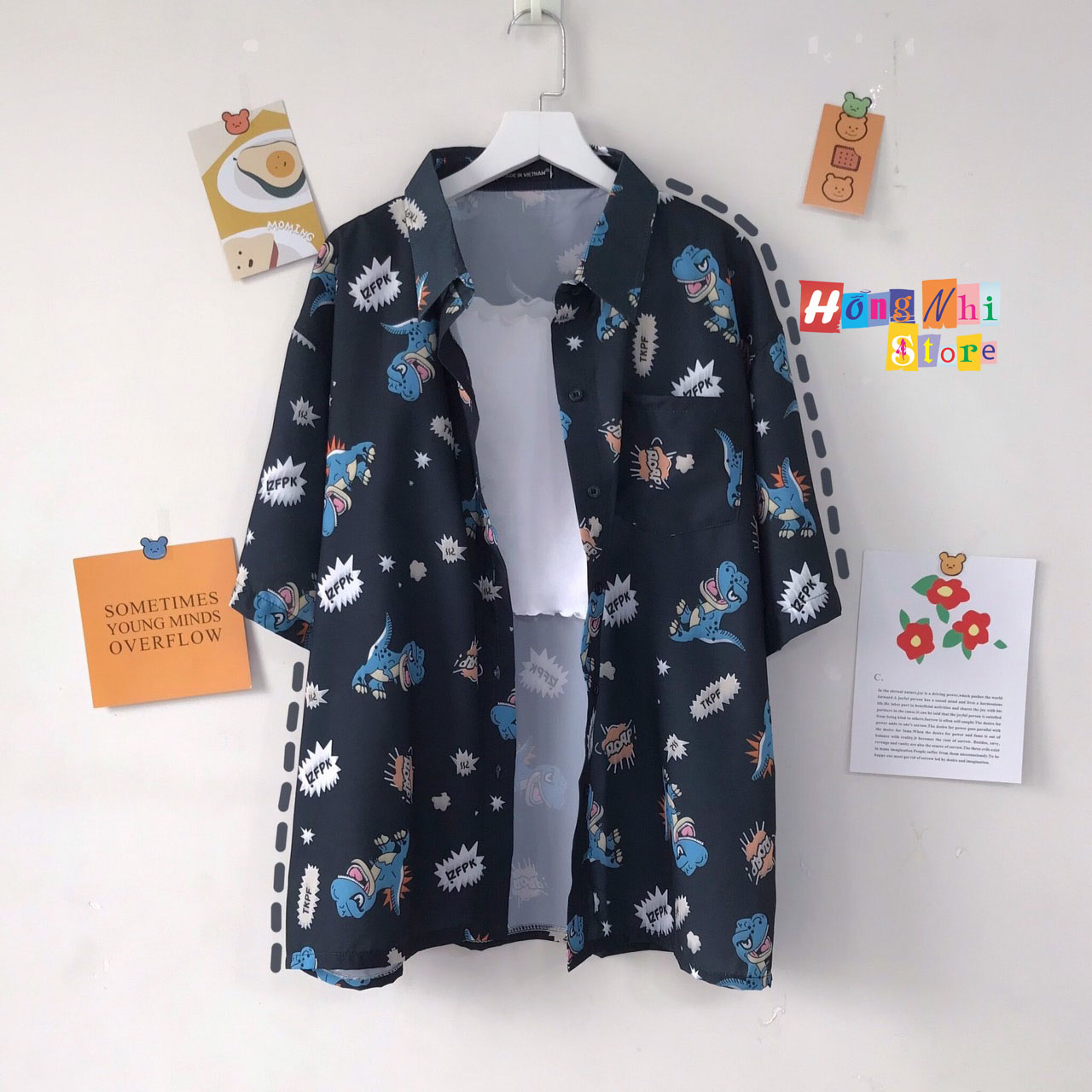 Áo Sơ Mi Hoạ Tiết Tay Lỡ Dáng Rộng, Đi Biển, Khủng Long Tay Lửng Unisex - MM