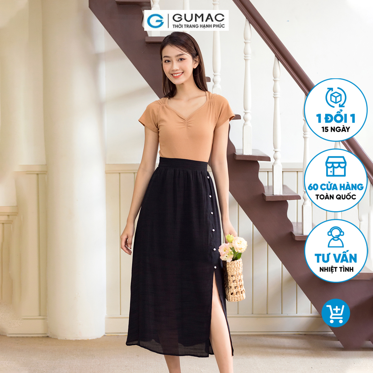 Chân váy maxi xẻ tà trước phong cách thời thượng thời trang GUMAC VD06037