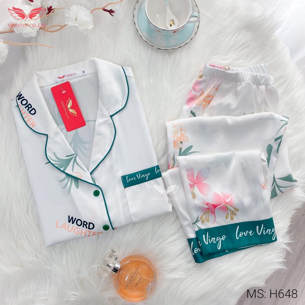 Đồ Bộ Ngủ Nữ Pijama Mặc Nhà VINGO Tay Ngắn Quần Dài Lụa Pháp Cao Cấp In Hoa Hồng Trắng Viền Xanh Đông Xuân H648 VNGO