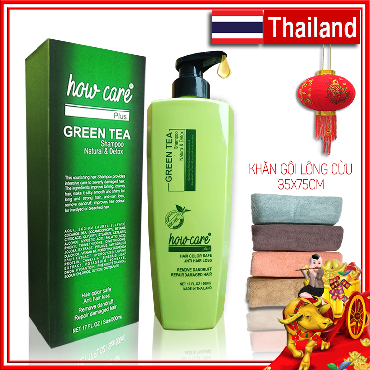 Combo 1 Chai Dầu gội Kích Thích Mọc Tóc - Ngăn Ngừa Gàu Ngứa - Trà Xanh Howcare Thái Lan 500ml + 1 Khăn Gội Đầu Lông Cừu 35x75cm Karina