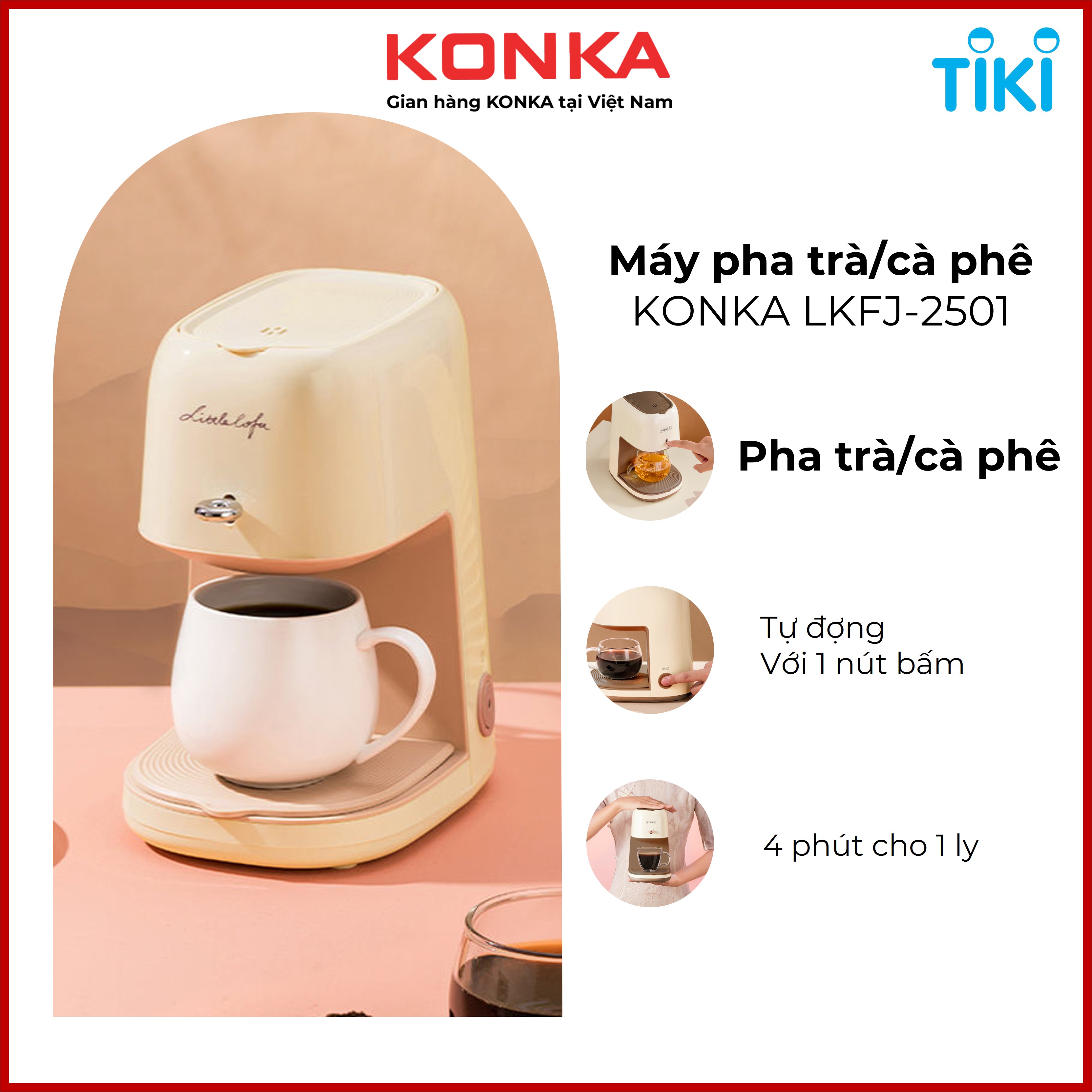 Máy pha cà phê epresso Konka KCF-CS3 tích hợp đánh bọt sữa, pha espresso 20bar mạnh mẽ, 2 trong 1 tiện lợi, tặng kèm temper - Hàng nhập khẩu