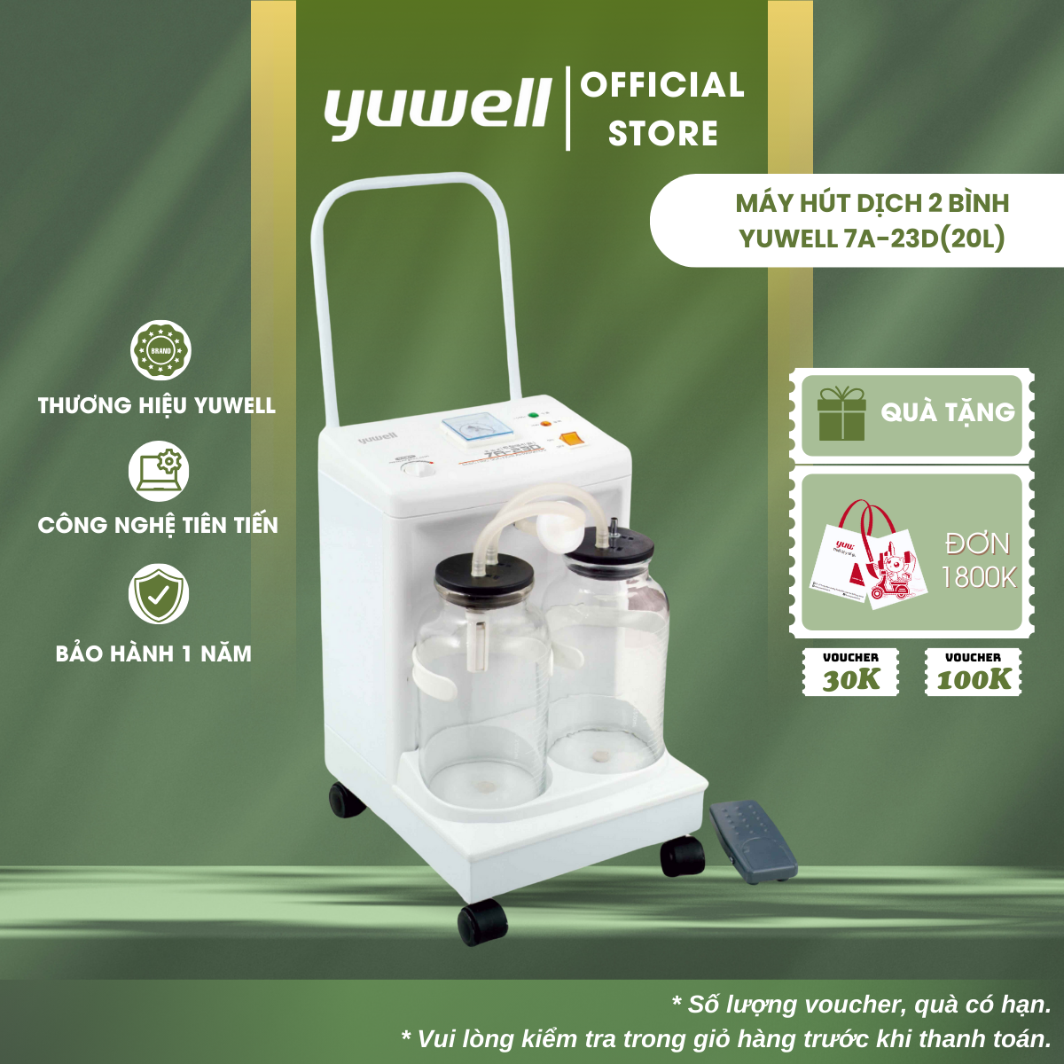 Máy Hút Dịch 2 Bình Công Suất Lớn YUWELL 7A-23D(20L) - Nhập Khẩu Chính Hãng - Bảo Hành 1 Năm