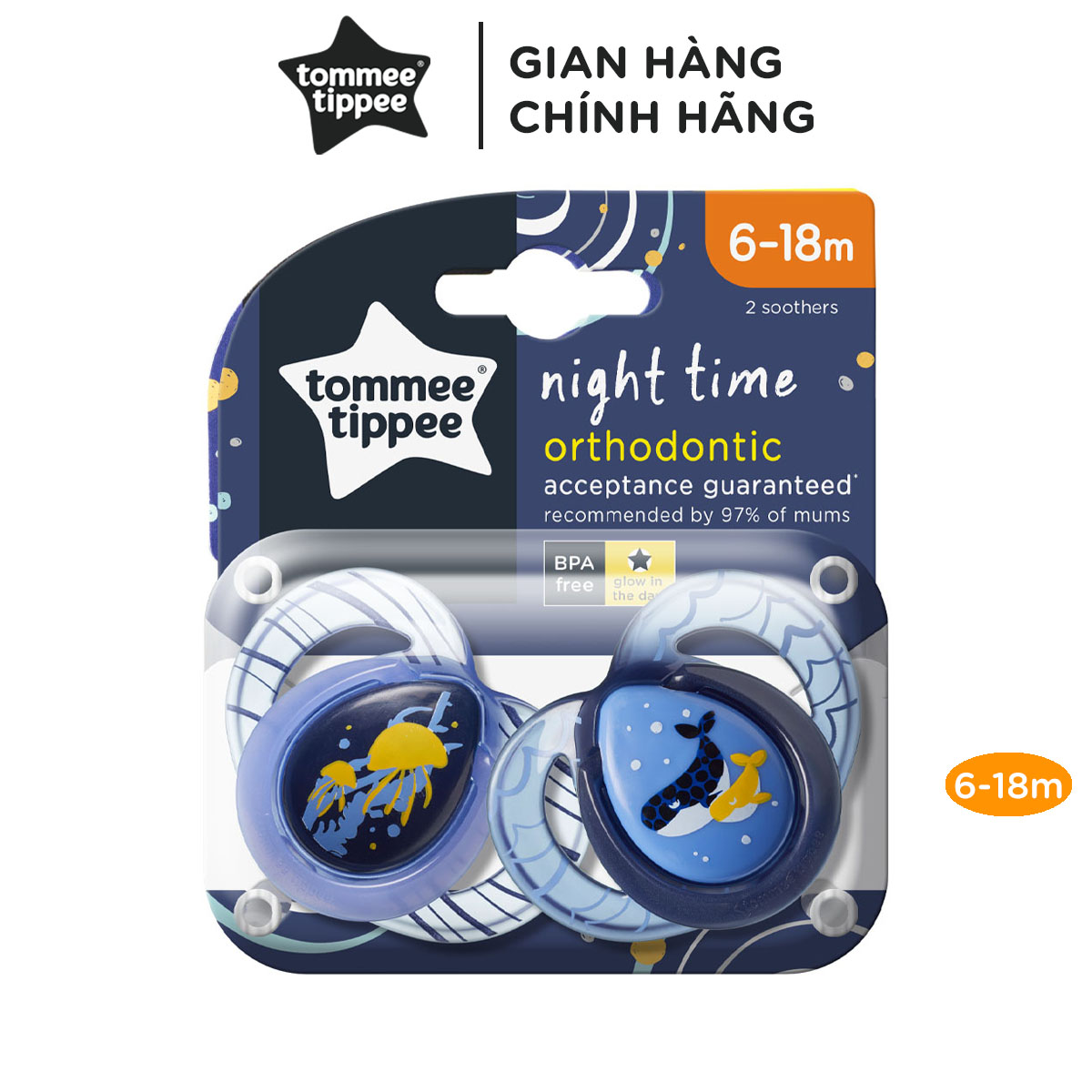 Ty ngậm dạ quang cho bé Tommee Tippee Night Time 6-18 tháng (vỉ đôi) - Cá Voi