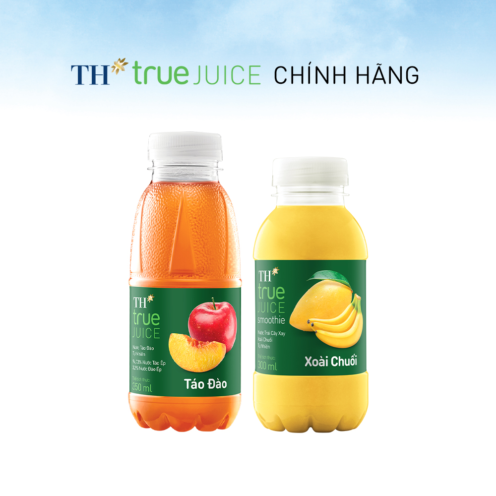 Thùng 12 chai táo đào &amp; 12 xoài chuối tự nhiên TH True Juice 300ml (350ml x 24 chai)