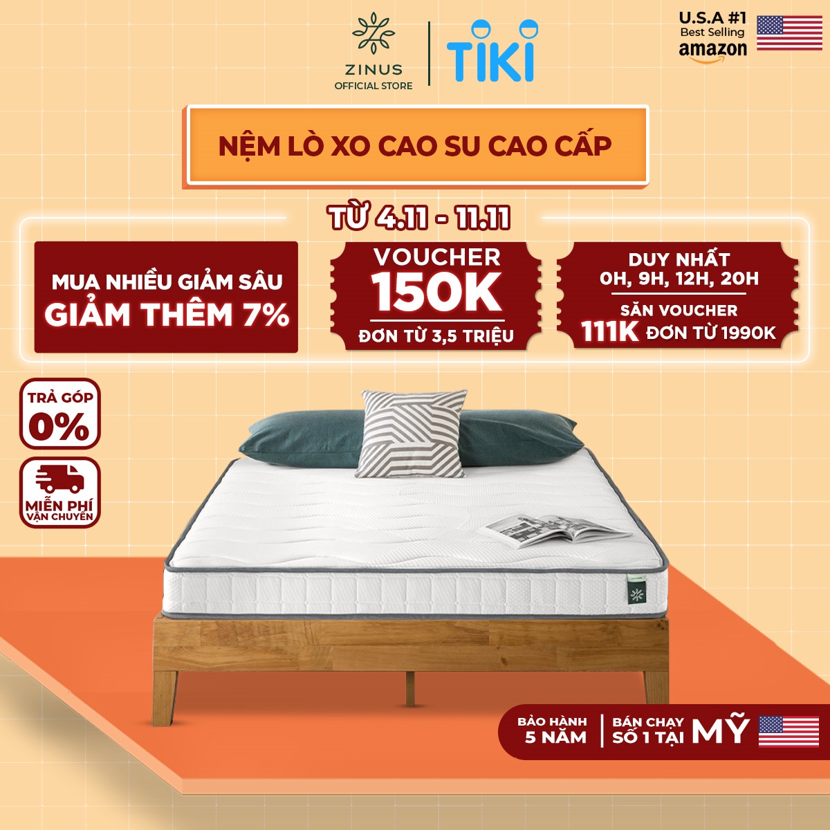 Nệm Lò Xo Cao Su Liên Kết Zinus 18cm Bonnel Mattress