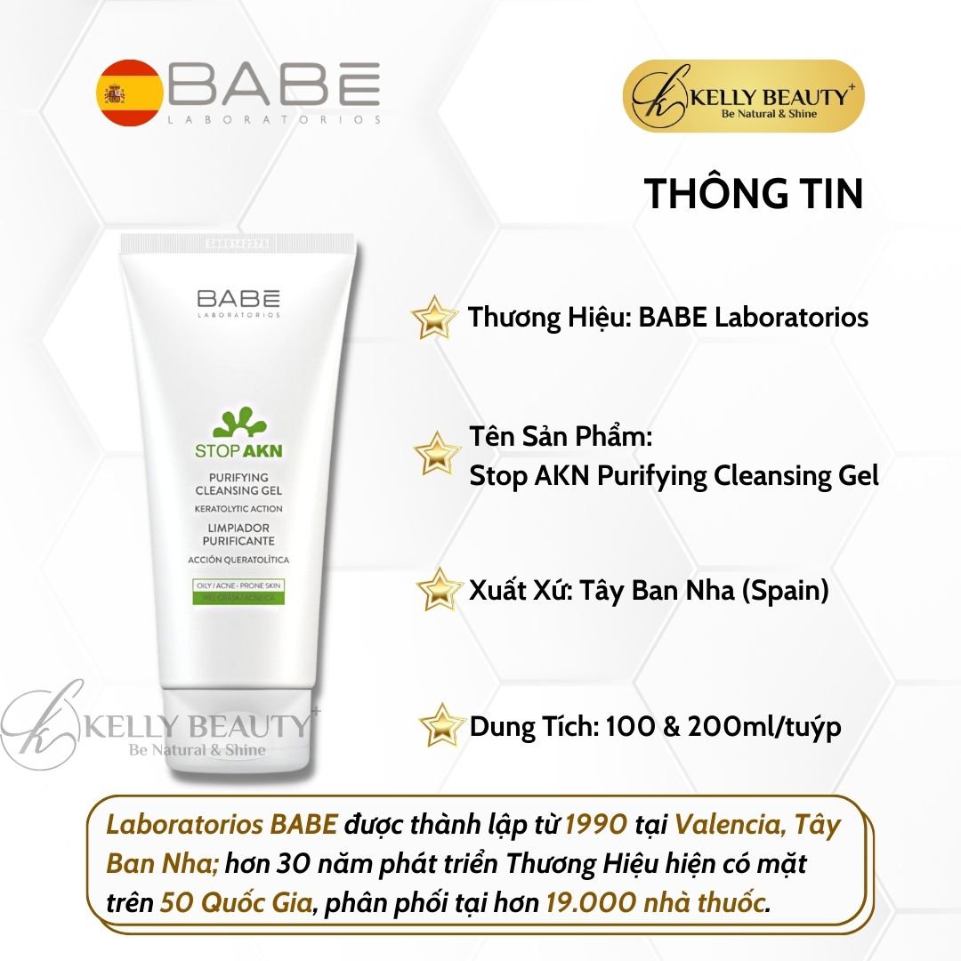 Gel Rửa Mặt Cho Da Dầu Mụn BABE Stop AKN Purifying Cleansing Gel - Làm Sạch Sâu, Kiềm Dầu, Giảm Sưng Viêm | Kelly Beauty