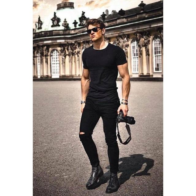 Quần jean nam 10F20DPA101CR1 - Quần Jean nam màu đen rách gối form skinny