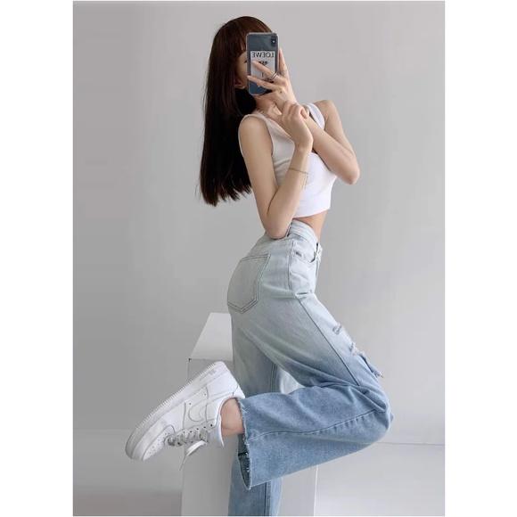 Quần jeans nữ ống rộng wash hai màu