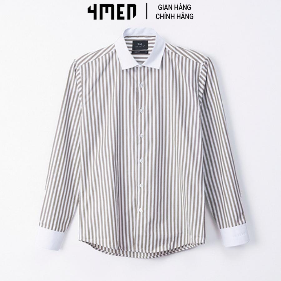 Áo sơ mi nam kẻ sọc phổi trắng 4MEN SM056 dài tay, vải Oxford và Cotton mềm, nhẹ, bền, thoáng mát