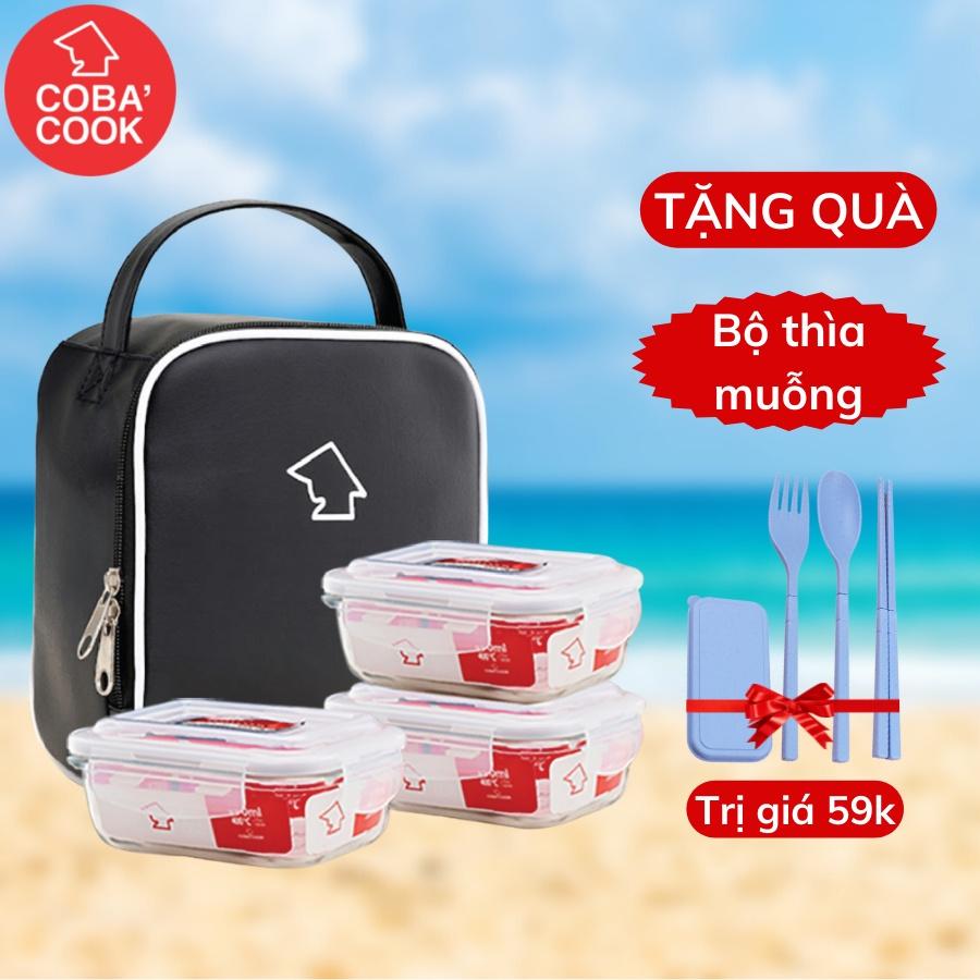 [Tặng Muỗng Đũa] Bộ 3 Hộp Cơm Thủy Tinh Chịu Nhiệt COBACOOK Hình Chữ Nhật 370ml Và Túi Simili Giữ Nhiệt- CCL33SS