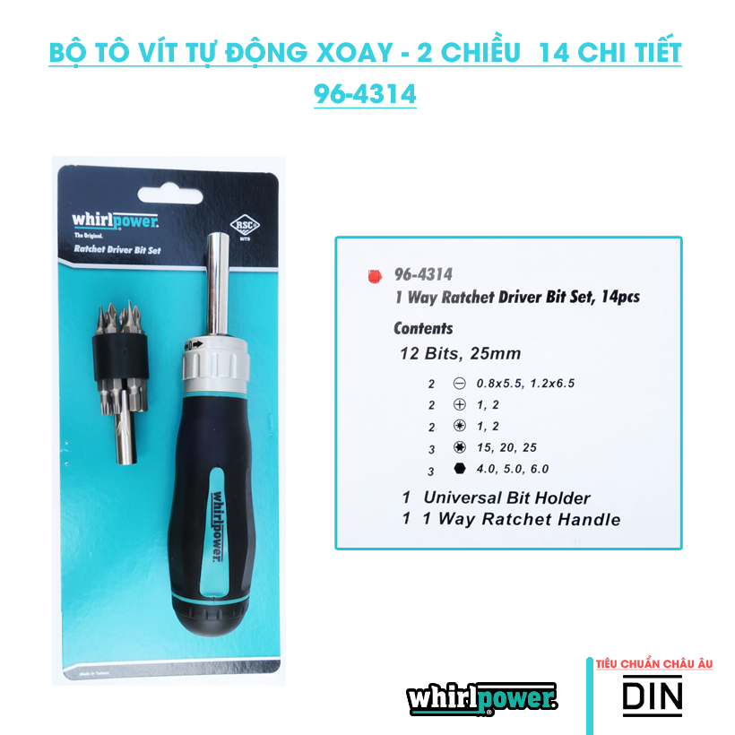 Bộ tô vít tự động xoay 2 chiều 14 chi tiết Whirlpower 96-4314