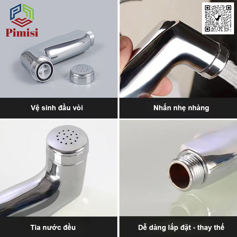 Vòi Xịt Bồn Cầu Vệ Sinh Phòng Tắm Pimisi PVX-206 Chịu Áp Lực Nước Lớn Như Chung Cư, Nhà Cao Tầng Hay Máy Tăng Áp Mạ Màu Inox, Với Tay Xịt Toilet WC Chìm Chống Gãy - Bể - Vỡ Và Dây Nhựa Dẻo Cao Cấp - Mềm - Trơn Bề Mặt | Hàng Chính Hãng