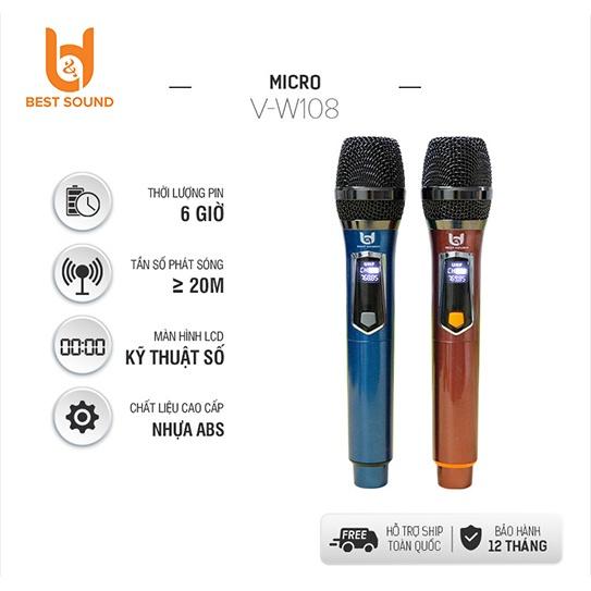 Micro Không Dây Pin Sạc W108, Mẫu Mới, chuyên dùng Karaoke cho Ampli, Loa Kéo, Sóng Mạnh, Hát Nhẹ