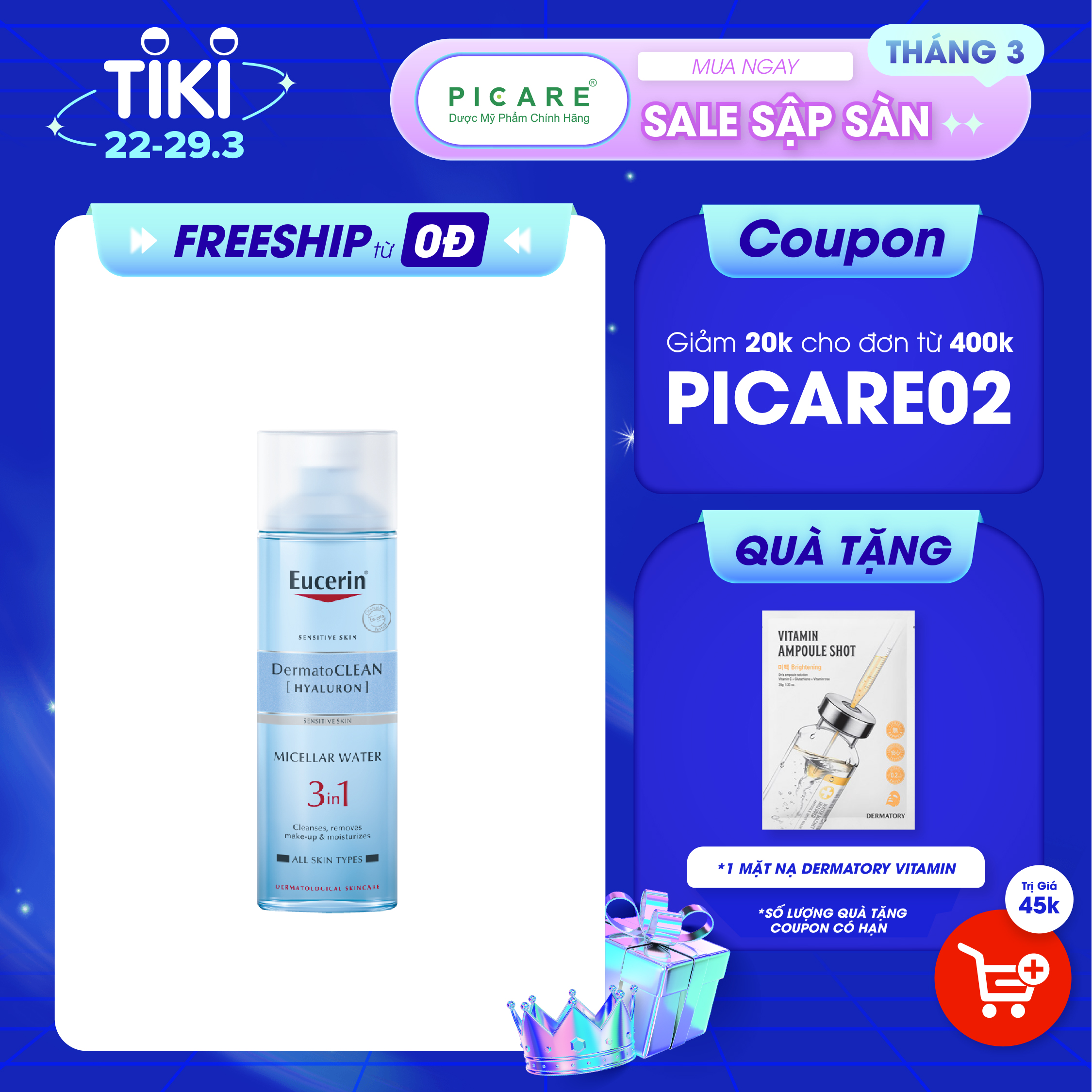 Nước tẩy trang dịu nhẹ cho da nhạy cảm DermatoClean Hyaluron Micellar 3 in 1 Eucerin 200ml