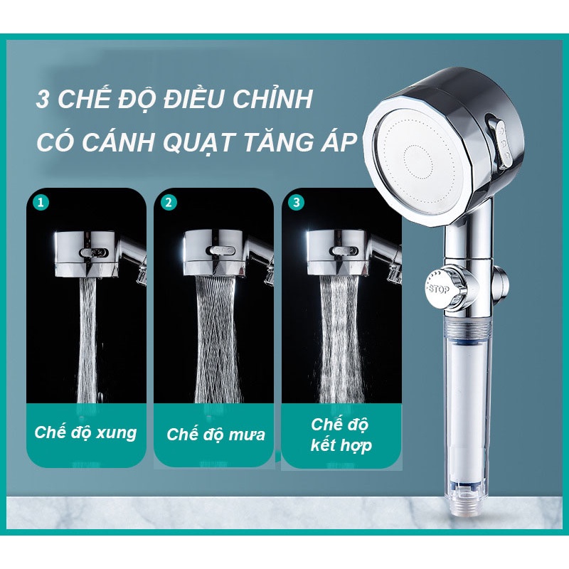 Vòi Sen Tăng Áp Cánh Quạt 3 Chế Độ Có Nút Bật Tắt Trên Thân Tiện Lợi, Kiểu Dáng Sang Trọng-Tặng Kèm Lõi Lọc