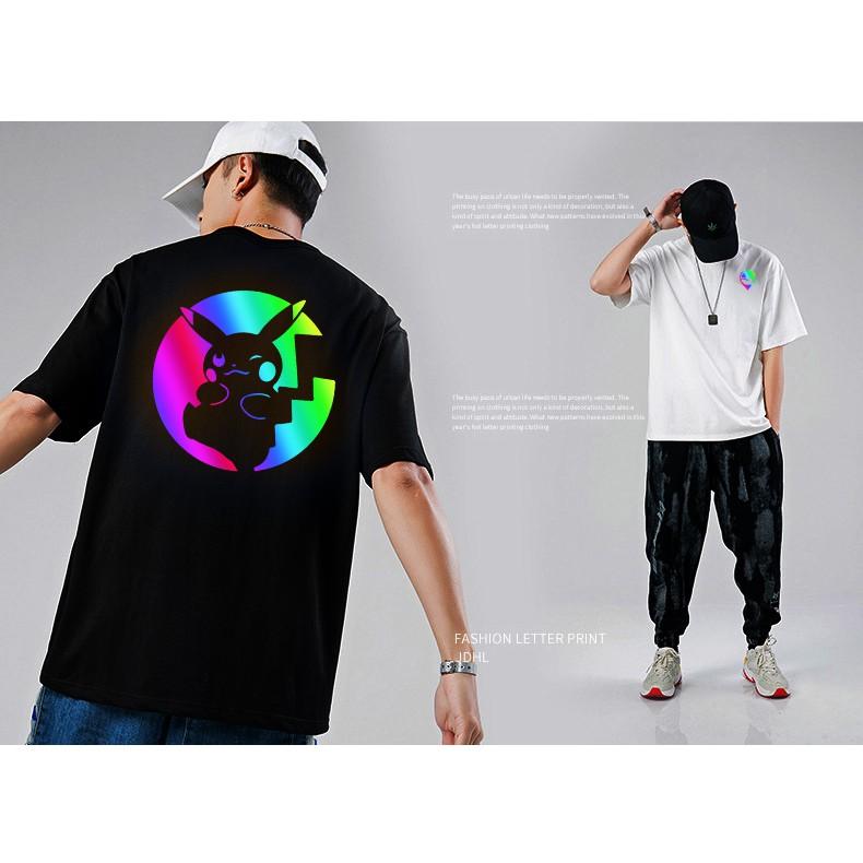 Áo thun unisex tay lỡ Pikachu phản quang đa sắc