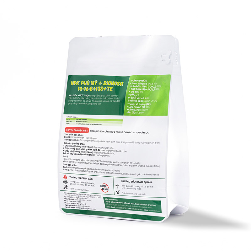 Phân bón NPK Phú Mỹ + BIOWISH 16-16-8+13S+TE dùng cho Rau Ăn Lá