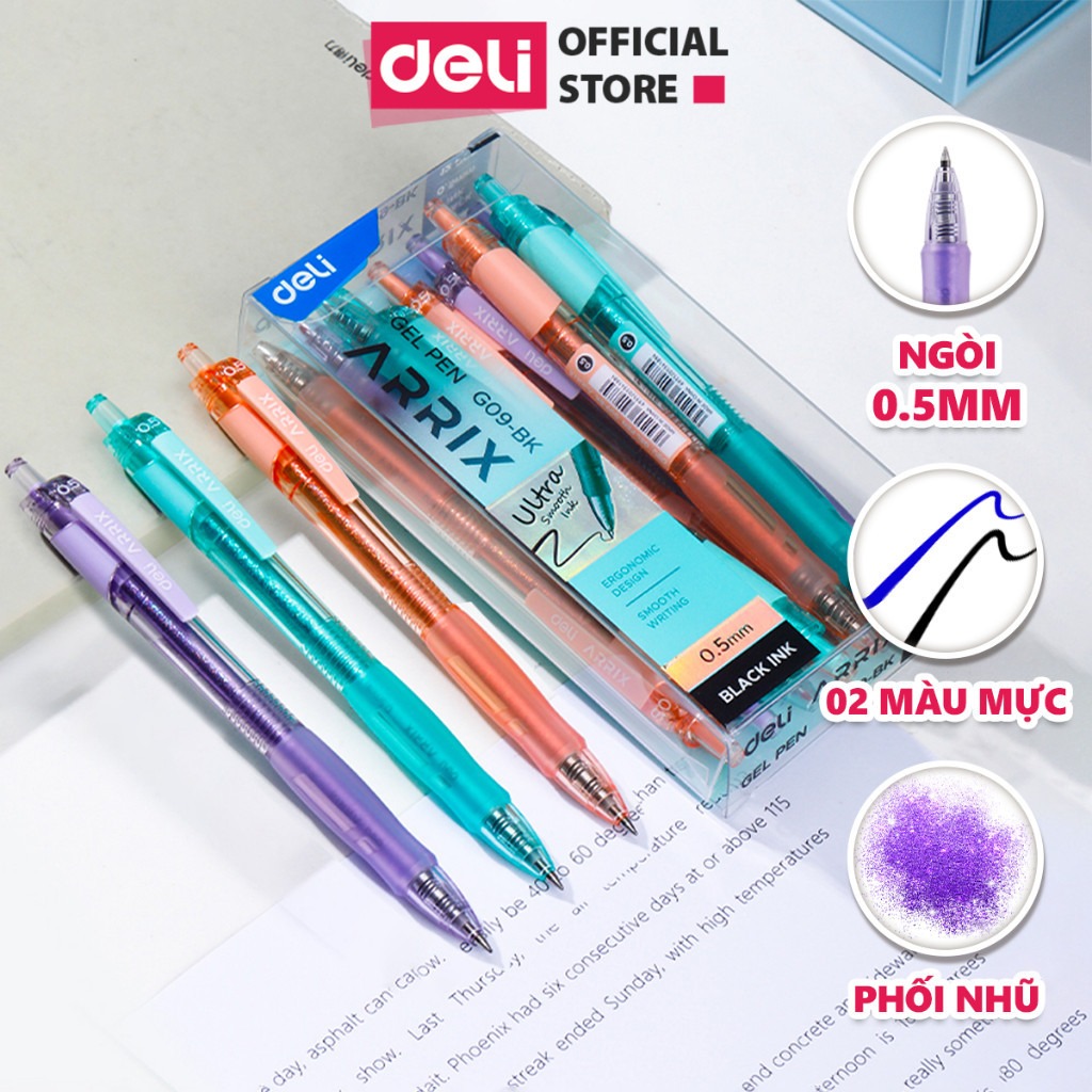 Bút Gel Bút Bi Nước Màu Pastel Phối Nhũ Ngòi 0.5mm Deli - Bút Bi Nước Mực Đều Viết Trơn Tru Văn Phòng Phẩm Cao Cấp