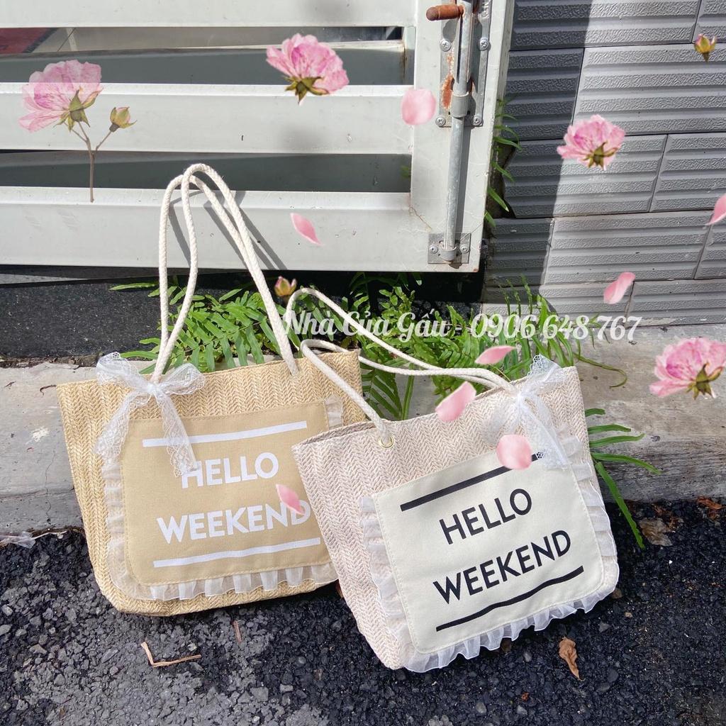 Túi cói Hello Weekend viền ren đeo vai dễ thương